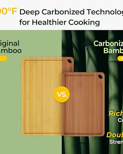 Butcher Block 2-Pcs Carbonized Bamboo Cutting Board Set With Juice Groove For Meal Prep & Cheese Serving - Ideal Kitchen Gift Set of 2 (M+L)