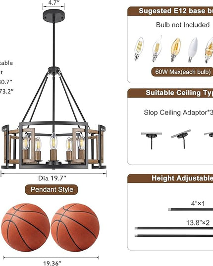 5-Light Drum Chandelier for Dining Room，19.7" Rustic Farmhouse Dining Room Light Fixture，Wood Grain and Vintage Black Metal Chandeliers for Kitchen Entryway Living Room