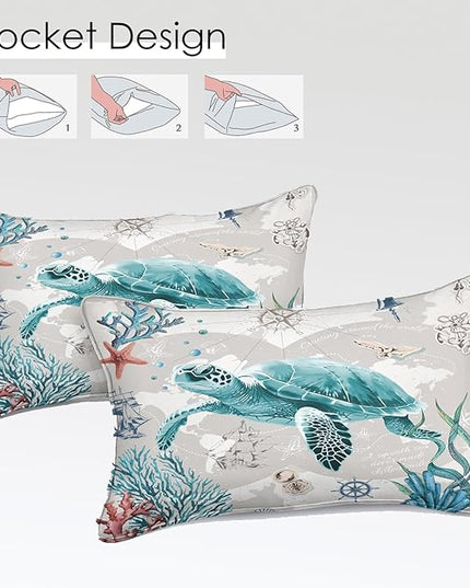 Bedbay 8 Pieces Nautical Bedding Sea Turtle Queen Comforter Set with Sheets Turquoise Comforter Retro Style Teen Girls Boys Turtle Bedding Set Ocean Themed Soft Fluffy Bed Set(Ocean,Queen)