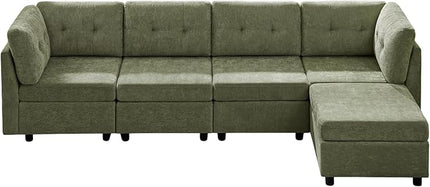 VANOMi 118" Cloud Couches for Living Room with Ottoman, 4 Seater Modular Sectional Sofas & Couches, Cozy Chenille Cloud Sectional Couch Sofa for Apartment, Office, Olive Green, L Shaped