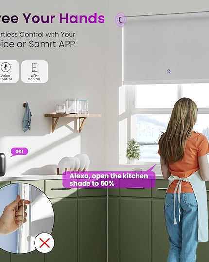 Astomi Motorized Roller Shades for Windows, Blackout Smart Blinds for Indoor, Effortless Remote & Voice Control, Compatible with Alexa, Google Home, Custom Size，Fabric-Pure White