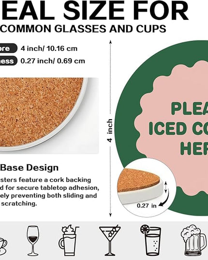 zcyhtqp, Please Iced Coffee Here, Funny Absorbent Round Ceramic Stone Coasters Set of 4 with Cork Base, Funny Coffee Coasters, Gifts for Home, Kitchen, Office Table Décor