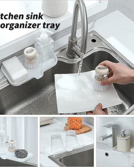 Silicone Bathroom Soap Dishes with Drain Spout-Bathroom and Kitchen Sink Organizer,Sponge Holder,Dish Soap Tray,Perfect for Dispenser,Scrubber,Bottle,Cup on Sink or Counter-White 9.6"×5.3"