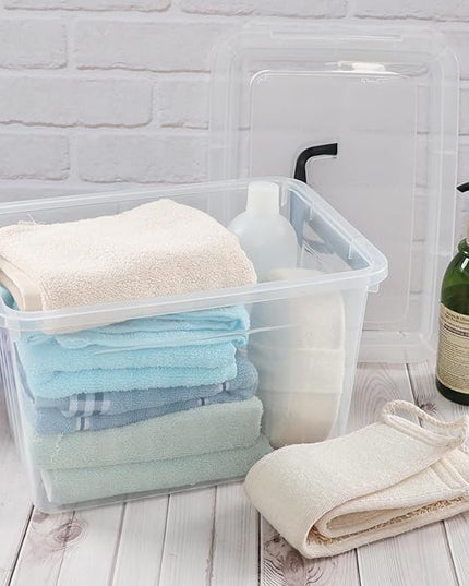 Clear Storage Latch Box 12 L, Plastic Organizing Box/Bin with Lid and Black Handles, 6-Pack