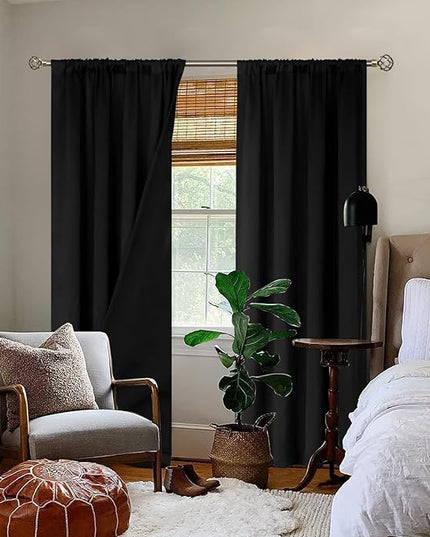 BGment Black Blackout Curtains for Bedroom 90 Inch Length, Rod Pocket 100% Blackout Curtains with Thermal Liner Room Darkening Curtains for Living Room, Each Window Curtains 2 Panels, 52 x 90 Inch