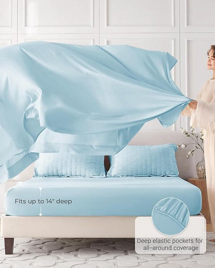 MUXHOMO 7 Pieces King Comforter Set, Seersucker Bed in a Bag King Size, All Season Luxury Bedding Set with Comforter, Flat Sheet, Fitted Sheet, Pillowcases & Shams, Lake Blue