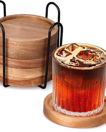 Best Wooden Handle Coasters Set of 6 with Holder Coffee Table Decor Acacia Wood Coaster for Living Room Modern Cup Coaster for Drink Home Kitchen Dining Accessories Bar Farmhouse Outdoor Decorative