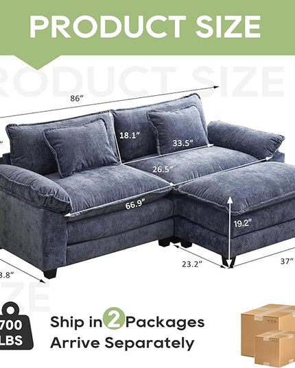 86" Modular Sectional Sofa, Comfy Cloud Couch Sectional Sofa with Ottoman, Chenille Sofa Sleeper Deep Seat Sofa with Throw Pillows for Living Room (Blue, 86"- L Shape)