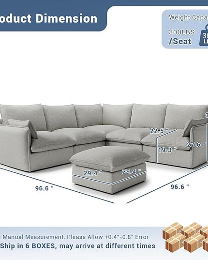 Cloud Modular Sectional Sofa, Waterproof Down Filled Sectional Sofas, High Backrest V Shaped 5 Seater Sectional Couch with Ottoman, Modern Modular Couch with Removable Cover, Light Gray