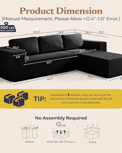 106" Modular Sectional Couch Left/Right Facing Convertible, L-Shape Modern Teddy Sofa, Deep Seat Upholstered Foam Couch for Living Room Bedroom, No Assembly Required (Black, Teddy Boucle)