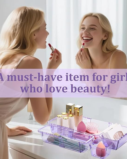 14 Pcs Adjustable Clear Drawer Organizer, Extendable Vanity Storage Bins, Desk Drawer Organizer Set for Makeup, Cosmetics, Bedroom, and Gadgets, Purple