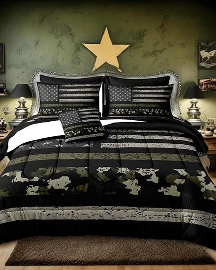 Bedbay American Flag Comforter Set Queen Size Bed in a Bag Teen Boys USA Stars and Stripes Flag Camo Comforter Set 8 Pcs Queen Bed Set Soft Microfiber Camouflage Bedding(Camo,Queen)