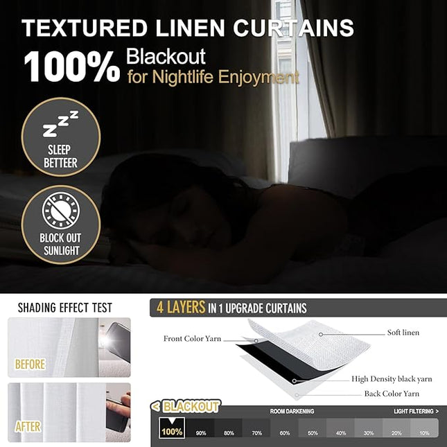 IVAPUPU Linen Pinch Pleated Blackout Curtains for Bedroom - Full Black Out White Curtains 90 Inch 2 Panels Set for Living Room Darkening Thermal Window Curtain Drapes with 16pc Hooks