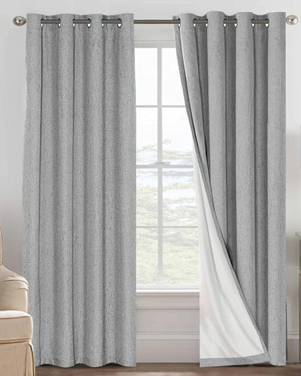 H.VERSAILTEX Linen Blackout Curtains 84 Inches Long, 100% Absolutely Blackout Thermal Insulated Textured Linen Look Curtain Draperies Anti-Rust Grommet with White Liner, 2 Panels, Dove Gray