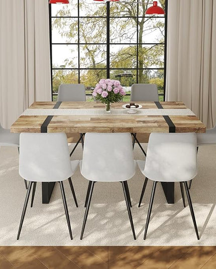 FURNITO Wood Dining Table Set for 8, 71" Large Rectangular Kitchen & Dining Room Table with 8 Fabric Linen Chairs, Modern Farmhouse Dining Set for Home, Living Room, Office, or Conference Room