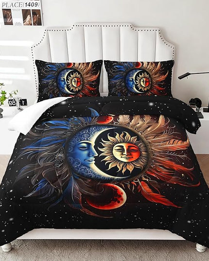 AILONEN Sun and Moon Comforter Set Queen Size, Blue and Red Feather Sun and Moon Bedding Set for Room Decor,Black Sky Starry Print Comforter with 2 Pillowcases,3 Pieces
