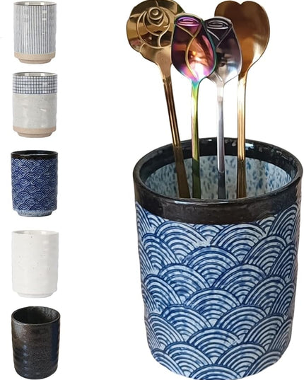 Stoneware Coffee Bar Utensil Holder Tea & Coffee Spoon & Stirrer Holder for Stir Stick Straw Teaspoon Holder Spoon Cup Small Utensil Jar (Blue Wave)