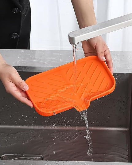 Silicone Bathroom Soap Dishes with Drain Spout-Bathroom and Kitchen Sink Organizer,Sponge Holder,Dish Soap Tray,Perfect for Dispenser,Scrubber,Bottle,Cup on Sink or Counter-Orange 9.6"×5.3"