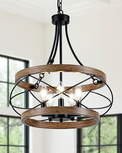 5-Light Farmhouse Chandelier, 17.72" Rustic Drum Dining Room Light Fixture, Vintage Wood Finish Metal Hanging Pendant Lighting, Industrial Candle Chandeliers for Living Room Kitchen Entryway Bedroom