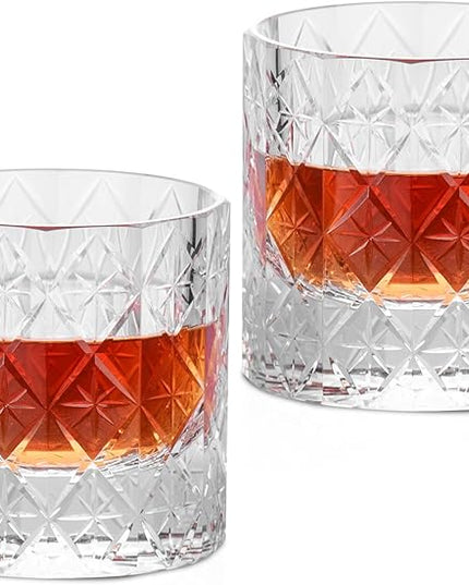 KAMMAK Crystal Whiskey Glass Set of 2, 7.44 oz (220ml) Old Fashioned Tumbler with Delicate Rim & Thick Stable Base, Hand Blown Lead-Free Barware for Scotch, Bourbon, Cocktail, 12-Facet