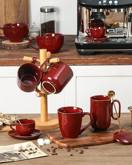 vicrays Ceramic Coffee Mug Set - 18 Ounce Large Stoneware Mug for Men Women - Unique Glazed Porcelain Mugs with Handle for Coffee Latte Tea Milk Cocoa - Set of 4 (Cherry Red)