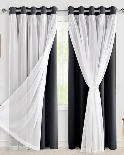 Hiasan Black Blackout Curtains with Sheer Overlay, Grommet Thermal Insulated Mix & Match Double Layer Window Curtains for Bedroom, Living Room, 2 Drape Panels Sewn with Tiebacks, 60W X 84L