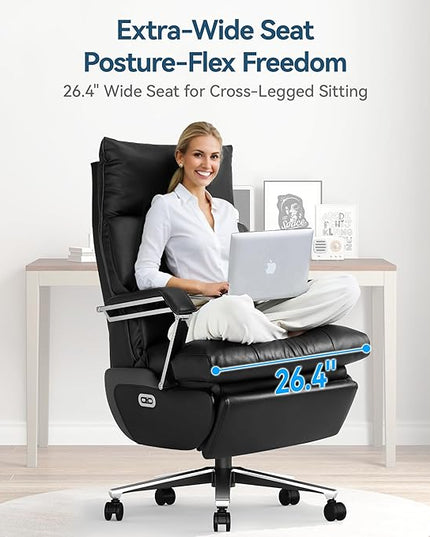 M80A Dual Motor Electric Executive Office Chair with Footrest, Comfortable Reclining Office Chair Wide Seat, Big and Tall Ergonomic Leather Home Office Desk Chair (Black,No Massage)