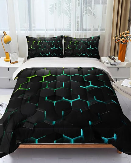 Geometric Green Black Neon Comforter Set,Light Honeycomb 3 Piece Bedding Set Twin for Teen Boys,Modern Bedding Quilt Set Geometry Decor,Microfiber Lightweight 1 Comforter 2 Pillowcases All Season