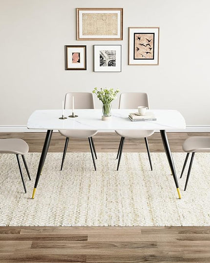 White Modern Dining Table Set for 4, 62'' Rectangular Sintered Stone Table with 4 Chairs