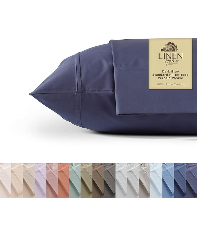 Linen Home 100% Cotton Percale Pillowcases Queen/Standard Size, Dark Blue, 2 Pieces of Pillow Case, Crisp and Cool Strong Bed Linen, 20 inches X 30 inches