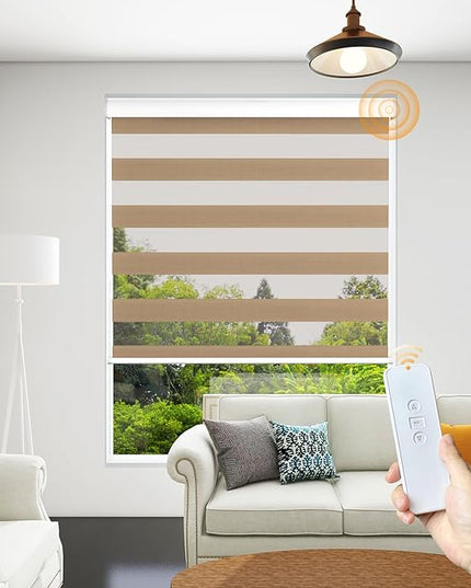 Motorized Zebra Blinds Rechargeable with Remote Blackout Cordless Zebra Shade Smart Electric Curtains for Windows and Privacy Light Filtering Roller Shades, 27" W x 72" H Brown