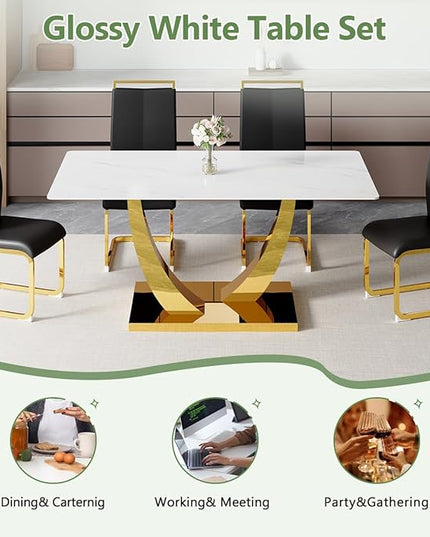 63” Dining Room Table Set for 4,Modern Gold Dining Table Set for 4, Rectangle Kitchen Table Set with Leather Chairs, White Faux Marble Dinner Table Set with Tempered Glass Top and Golden Base
