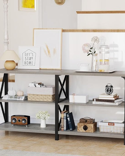 LVB Industrial Entryway Table, Farmhouse Rustic Console Table Behind Couch, Long Metal Wooden Sofa Table with Storage Shelf, Modern Foyer Hallway for Living Room Bedroom, Light Grey Oak, 63 in