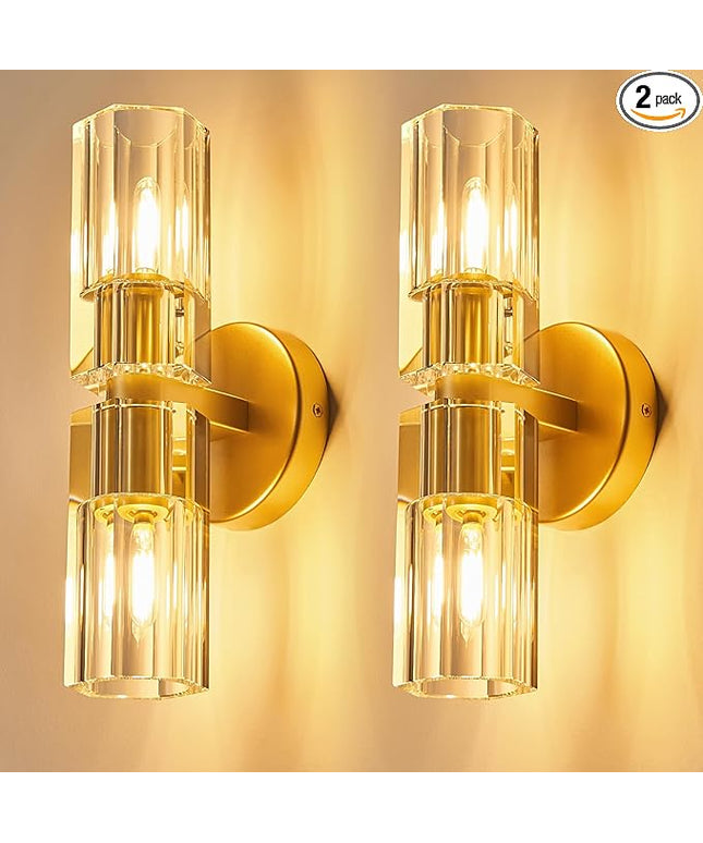 Modern Gold Wall Sconces Set of Two Bedroom Crystal Wall Sconces Indoor Sconces Wall Lighting Living Room Sconces with K9 Crystal Lampshade for Bathroom Hallway Entryway Stairway