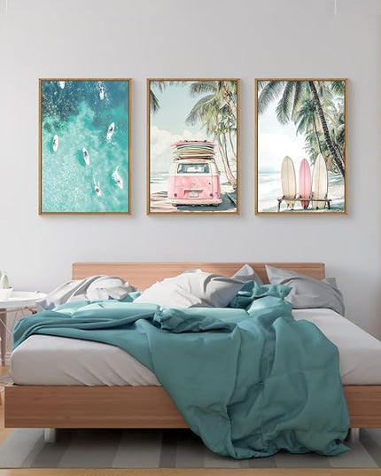 HOURIA Summer Surfboard Beach Framed Canvas Wall Art Set,Modern Ocean Surfing Seascape Wall Decor,Coastal Bus Coconut Tree Wall Painting,Nature Botanical Art Prints for Living Room, Bedroom-24 x36 x3