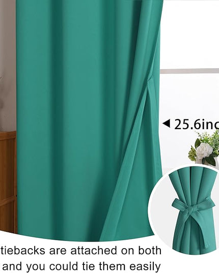 JIUZHEN Peacock Blue Blackout Curtains with Tiebacks Thermal Insulated, Light Blocking and Noise Reducing Grommet Curtains for and Living Room, Set of 2 Window Curtain Panels, 42 x 45 Inch Length