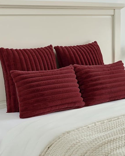 FUTEI Christmas Burgundy Throw Pillow Covers Set of 2, 16x16 Inch Striped Texture Cushion Cases with Soft Faux Rabbit Fur Front & Velvet Back, Modern Decorative Couch Pillows for Living Room