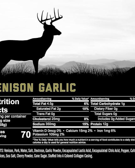 ICON Meats Venison and Pork Snack Sticks, Garlic, 6 Pack High Protein Snacks, 4 Meat Sticks per Pack, Zero Sugar, Gluten Free, Natural, USDA Inspected, Made in the USA, Gifts & Stocking Stuffers