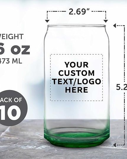 Custom Beer Can Glasses Set of 10, 16 oz. Pint Sized, Promotional Text, Logo, Soda Can Shape, Glassware, Green