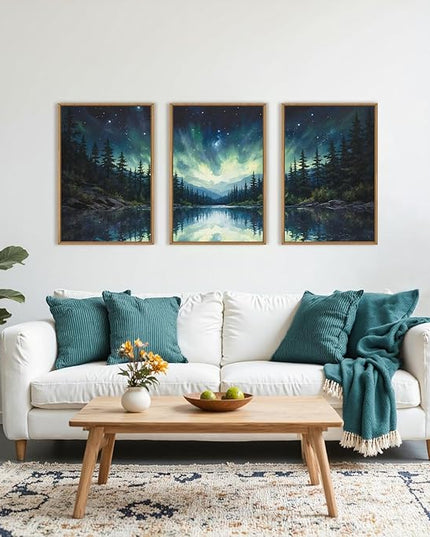 HOURIA Luminous Northern Lights Forest Lake Framed Canvas Wall Art Set,Starry Nordic Aurora Borealis Mountain Scenery Decor,Wilderness Pine Tree Reflection Artwork for Living Room,Farmhouse-16 x24 x3
