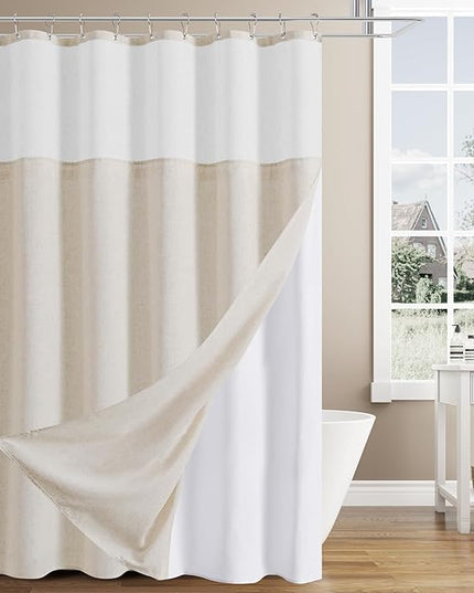 Naturoom Beige Linen Shower Curtain with Snap in Liner Set Rustic Farmhouse Shower Curtains for Bathroom 200GSM Textured Cream Burlap Cloth Double Bath Curtains with See Through Top Window 72x72