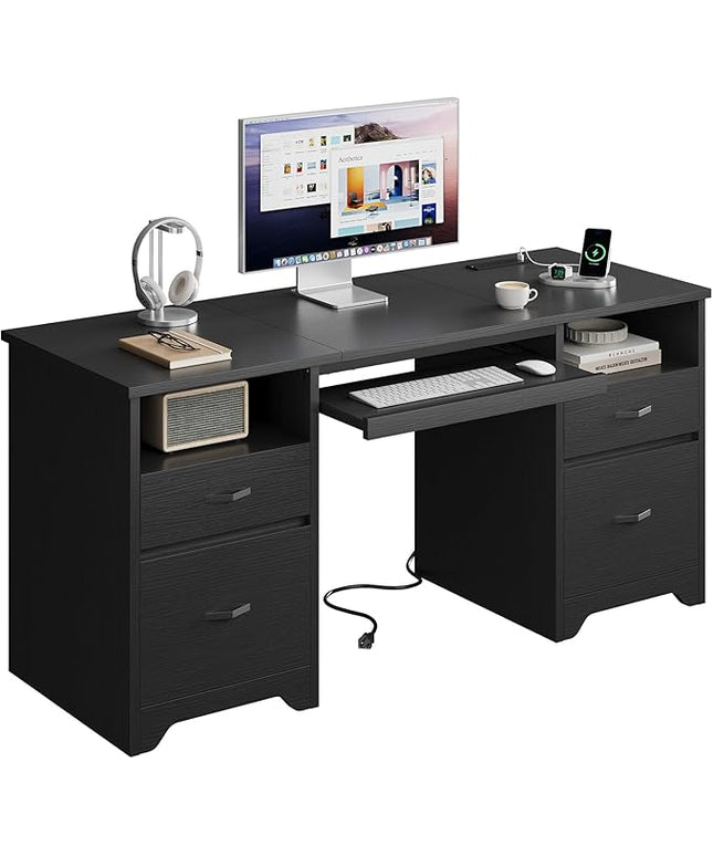 Bestier 59” Computer Desk with 4 Drawers, Office Desk with Storage, Modern Executive Desk with Charging Station, Keyboard Tray & Wooden Pedestals on Both Sides for Home Office & Studio, Black