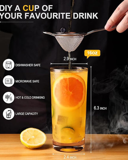 Drinking Glasses Set of 8, 16 oz Water Glasses, Wide Mouth Design Lead-Free Crystal Highball Glassware, Tall Glass Cups for Cocktail Parties, Family Dinners, and Tom Collins Bar Glassware
