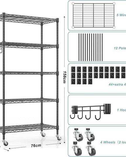 Himimi 5-Tier Storage Shelf Wire Shelving Unit on Wheels Heavy Duty Metal Shelves Adjustable Steel Rack Organization for Kitchen Garage Basement, Black