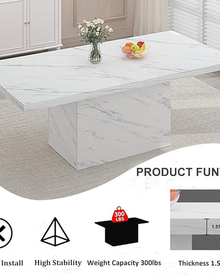 HSH 71” White Faux Marble Dining Table, Rectangle Modern Dinner Kitchen Table for 6-8, Farmhouse Long Kitchen Furniture for Living Room, Industrial Wood Dining Room Table with Sturdy Base