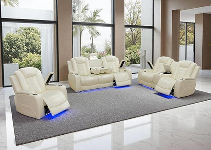Power Recliner Sofa Set with Drop-Down Table, 3-Piece Leather Reclining Sofa Sectional Couches, Living Room Furniture Sets, Reclining Sofa with Cup Holders for House(Creamy White)