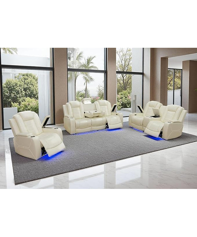 Power Recliner Sofa Set with Drop-Down Table, 3-Piece Leather Reclining Sofa Sectional Couches, Living Room Furniture Sets, Reclining Sofa with Cup Holders for House(Creamy White)