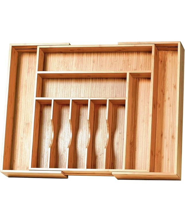 Umilife Extra Large Expandable Kitchen Siverware Utensils Drawer Organizer, 19" Deep for Big Drawer, Adjustable Bamboo Wood Drawer Divider with Curved Grooves, Cutlery Tray Flatware Holder