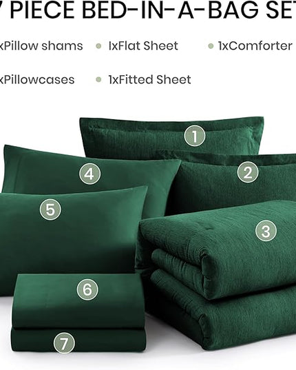 Monbix Queen Comforter Set - 7 Pieces Cationic Dyeing Emerald Green Bed in a Bag Queen Bedding Sets with Comforter, Sheets, Pillowcases & Shams, Reversible Bedding Comforters Sets