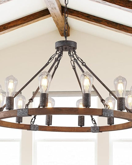 Farmhouse Wagon Wheel Chandelier 31" Black Wooden Chandelier 12-Light Rustic Pendant Light Fixture for Dining Room Living Room Entryway Foyer